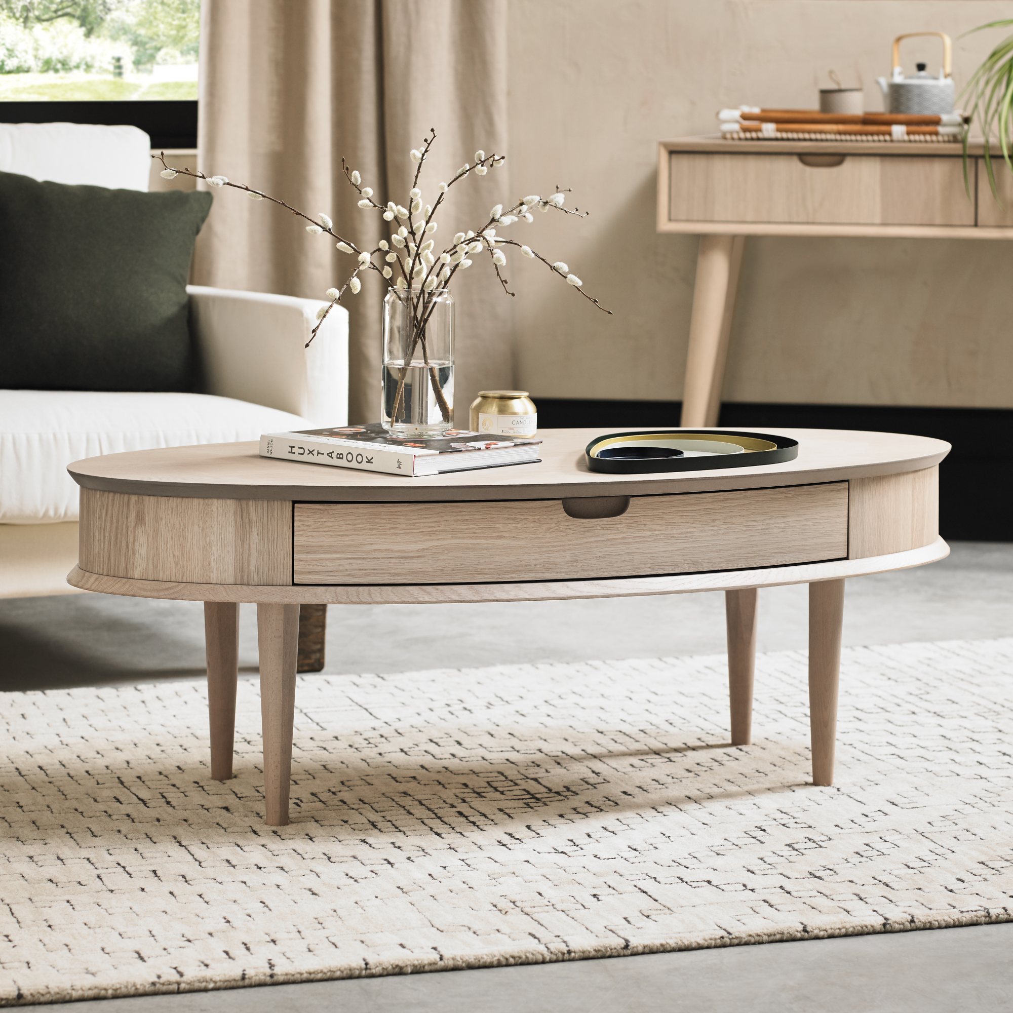 Home Origins Johansen Scandi Oak Coffee Table with Drawer- feature