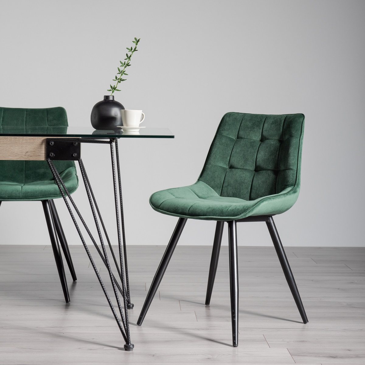 Seurat Green Velvet Fabric Chairs with Black Legs