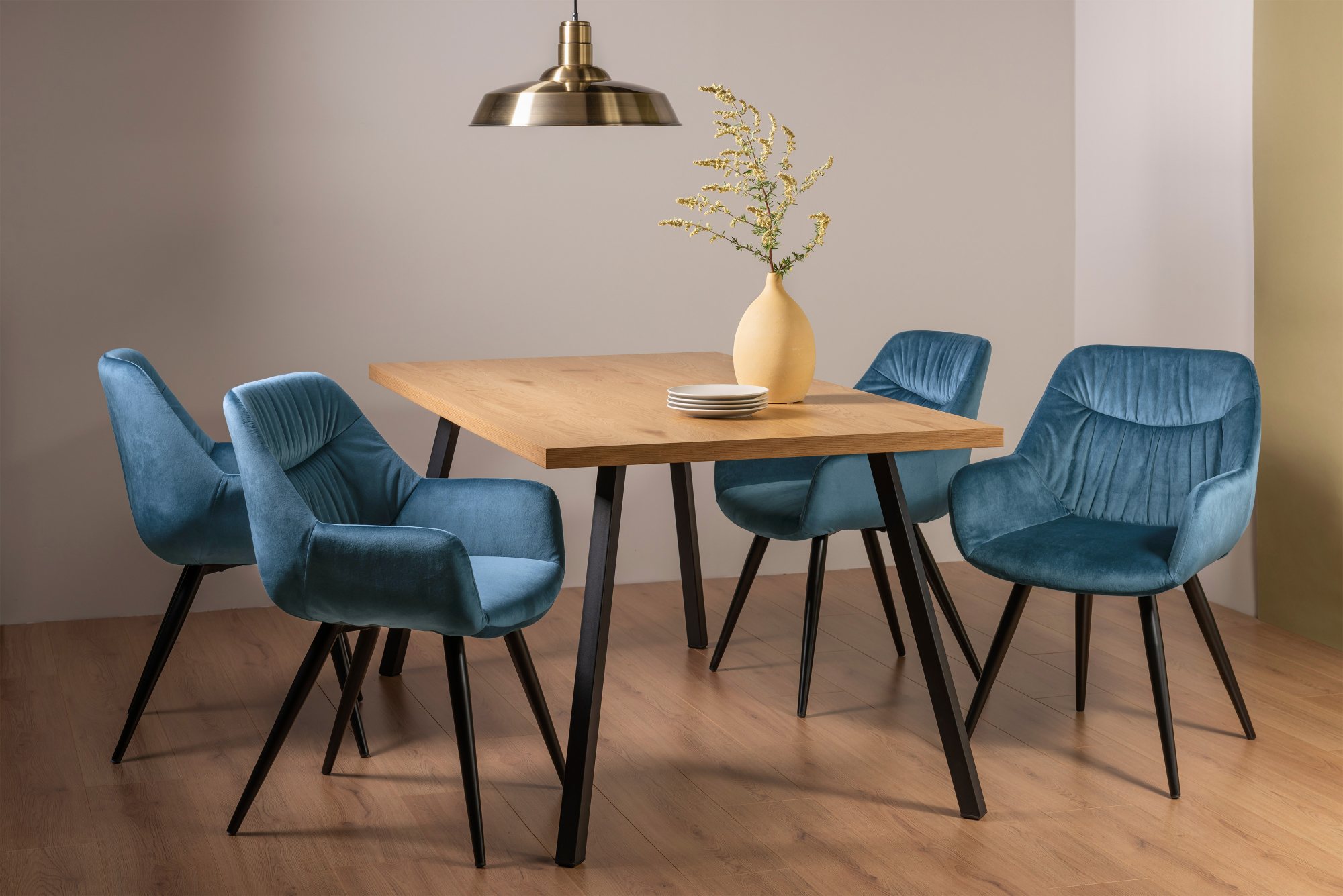 Ramsay Oak Effect 6 Seater Dining Table with 4 Legs & 4 Dali Petrol Blue Velvet Fabric Chairs