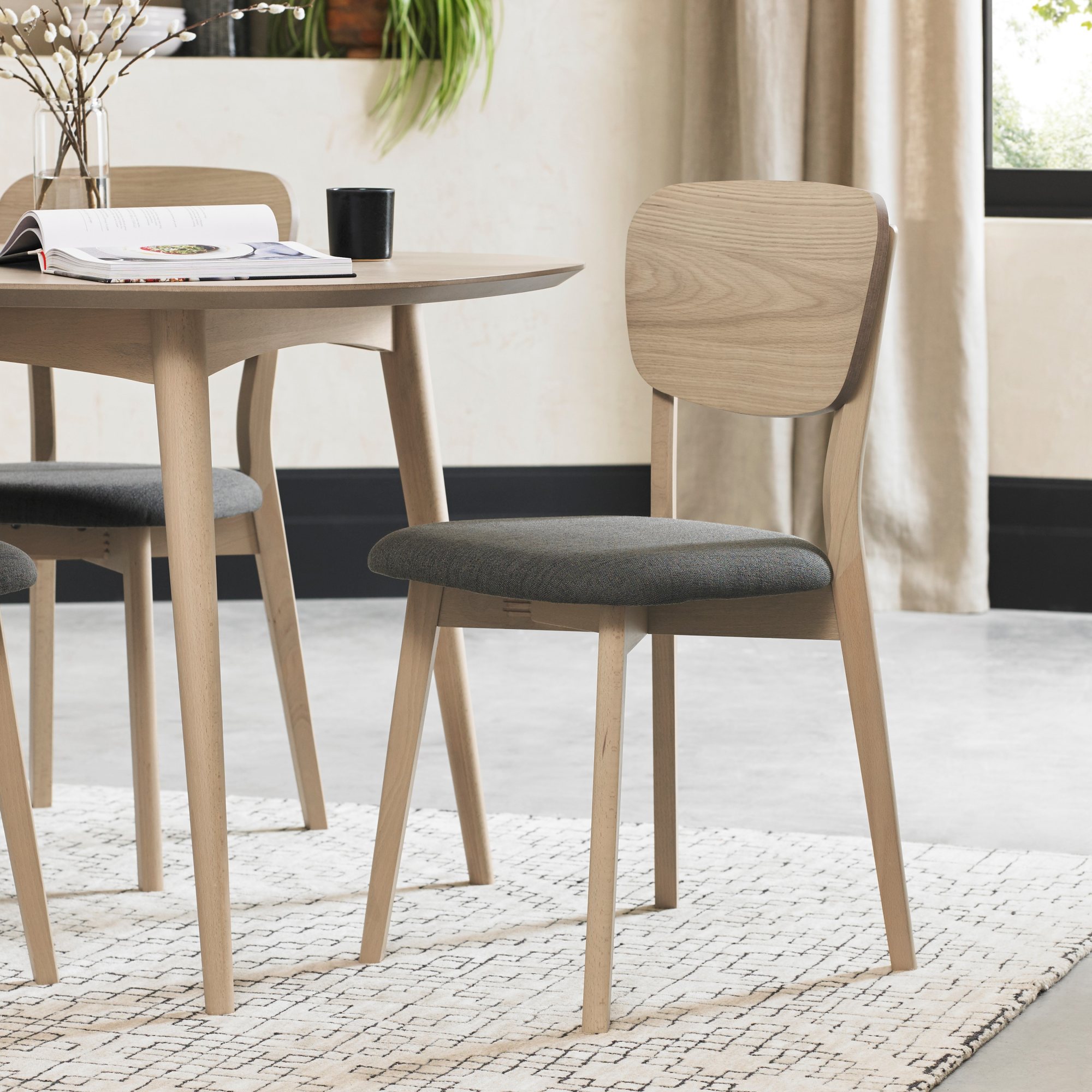 Johansen Cold Steel Fabric Chairs with Scandi Oak Veneer Backs