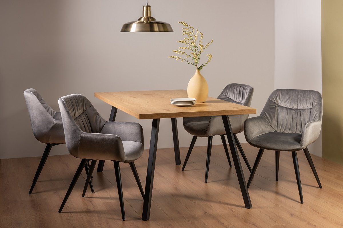 Ramsay Oak Effect 6 Seater Dining Table with 4 Legs & 4 Dali Grey Velvet Fabric Chairs
