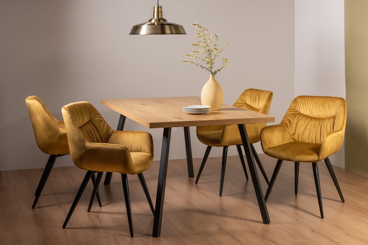 Ramsay Oak Effect 6 Seater Dining Table with 4 Legs & 4 Dali Mustard Velvet Fabric Chairs