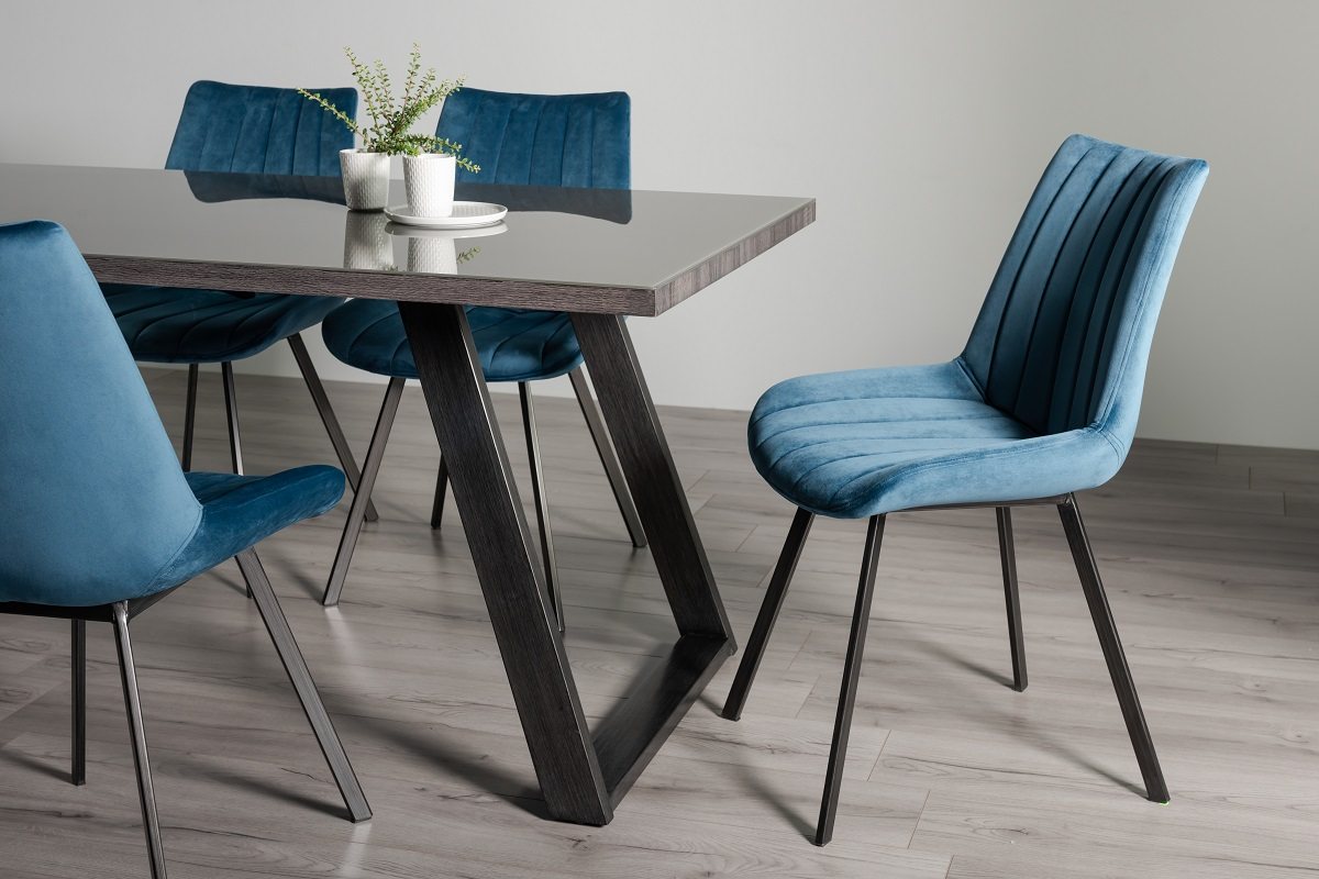 Hirst - Grey Glass 6 Seater Dining Table & 6 Blue Velvet Fontana Dining Chairs