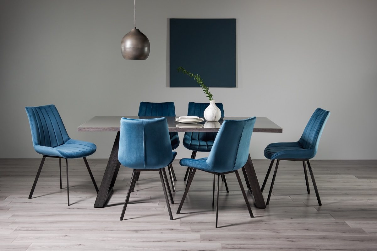 Hirst Grey Painted Glass 6 Seater Dining Table & 6 Fontana Blue Velvet Fabric Chairs