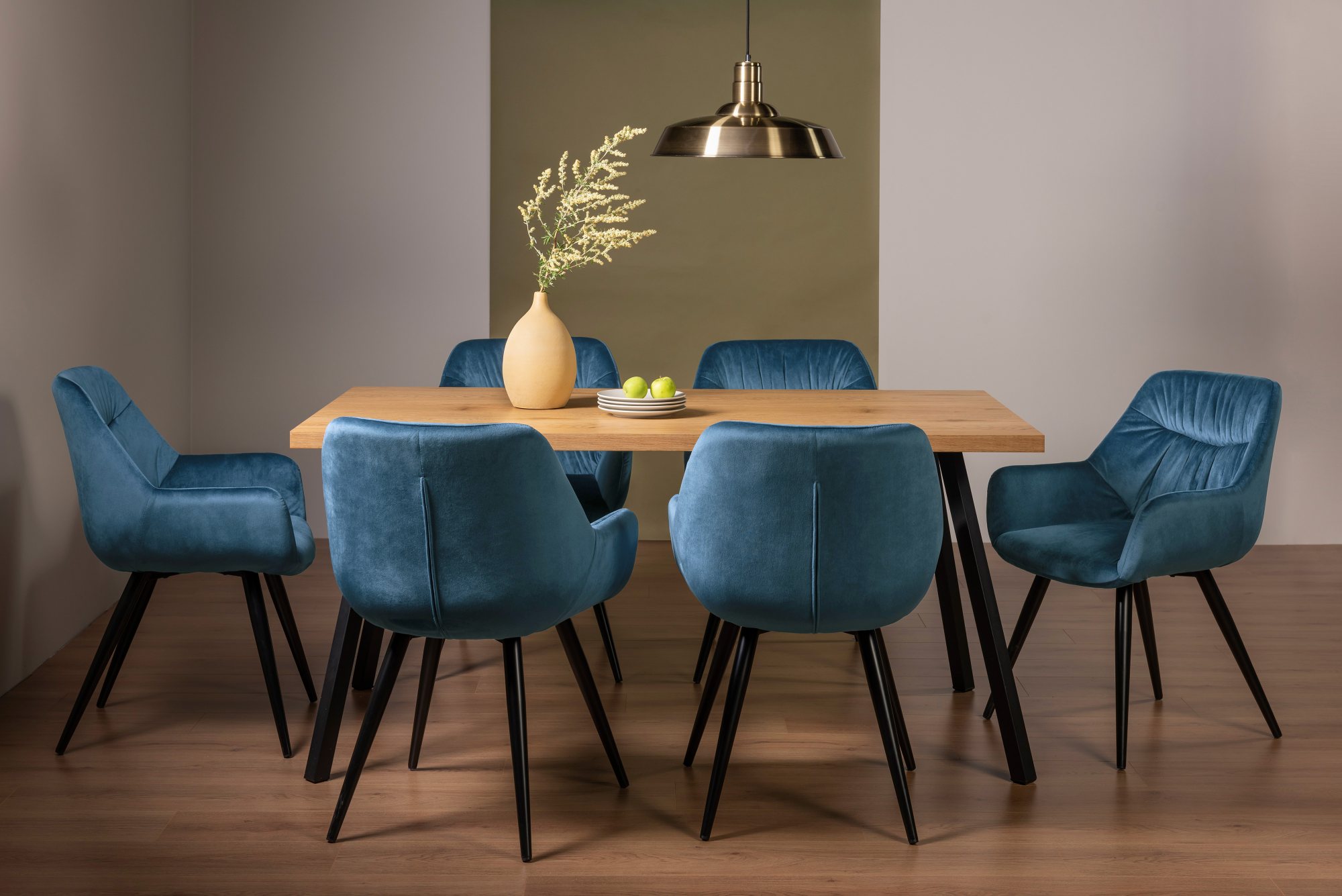 Ramsay 4 Leg Oak Effect 6 Seater & 6 Dali Petrol Blue Velvet Fabric Chairs