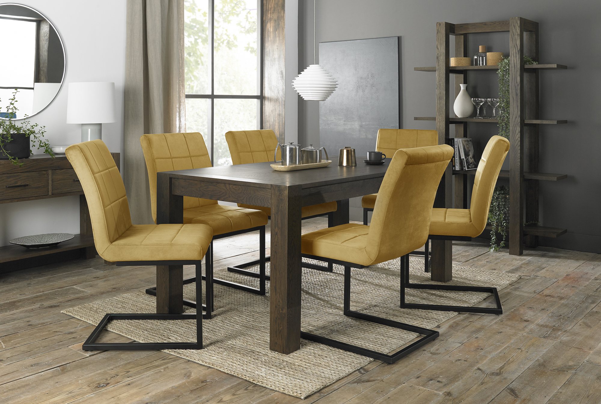 Blake Dark Oak 6-8 Dining Table & 6 Lewis Mustard Velvet Fabric Chairs