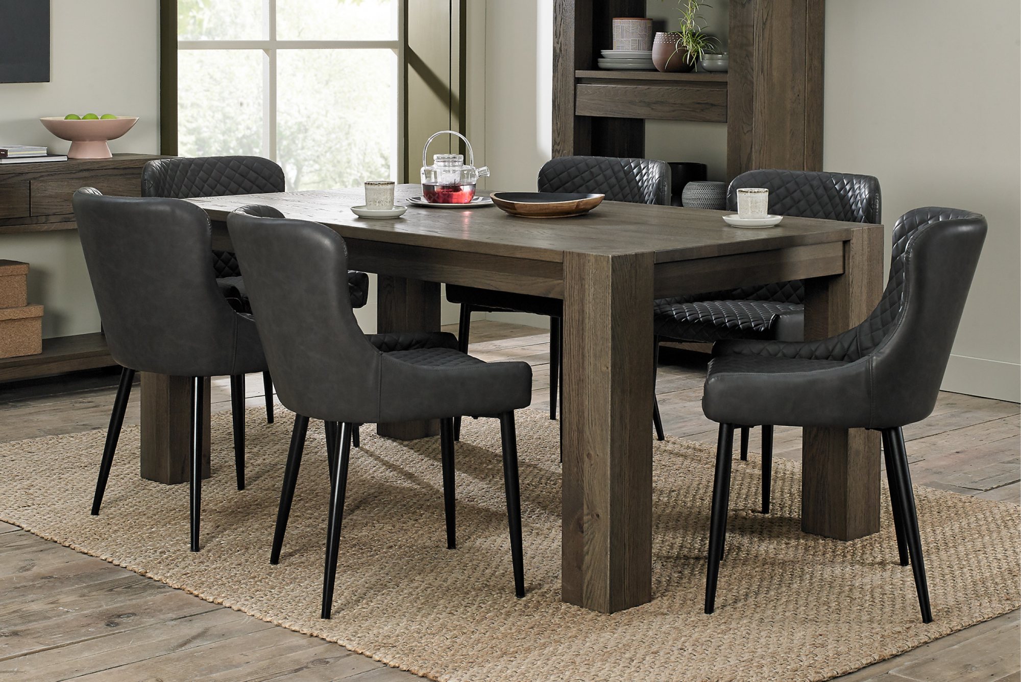 Home Origins Constable Fumed Oak 6 Seater Dining Set- 6 Cezanne Dining Chairs- Dark Grey Faux Leather