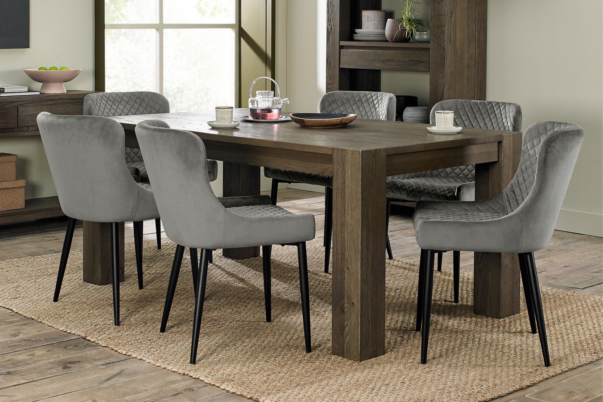 Home Origins Constable Fumed Oak 6 Seater Dining Set- 6 Cezanne Dining Chairs- Grey Velvet Fabric