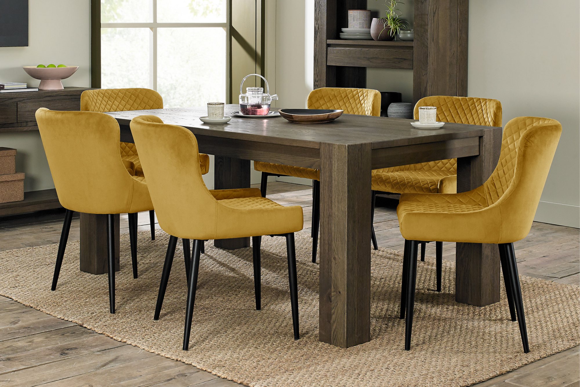 Home Origins Constable Fumed Oak 6 Seater Dining Set- 6 Cezanne Dining Chairs- Mustard Velvet Fabric