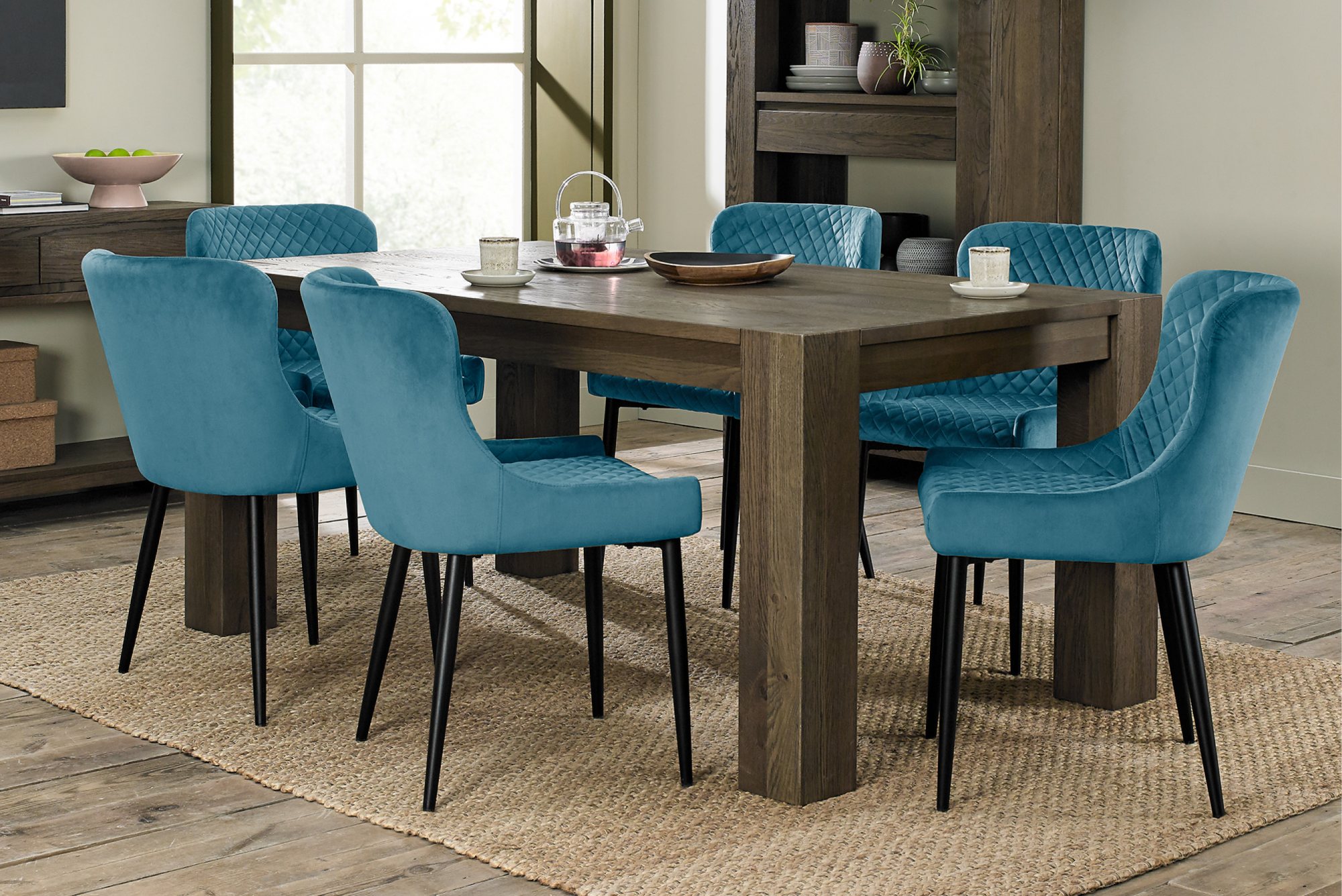 Home Origins Constable Fumed Oak 6 Seater Dining Set- 6 Cezanne Dining Chairs- Petrol Blue Velvet Fabric