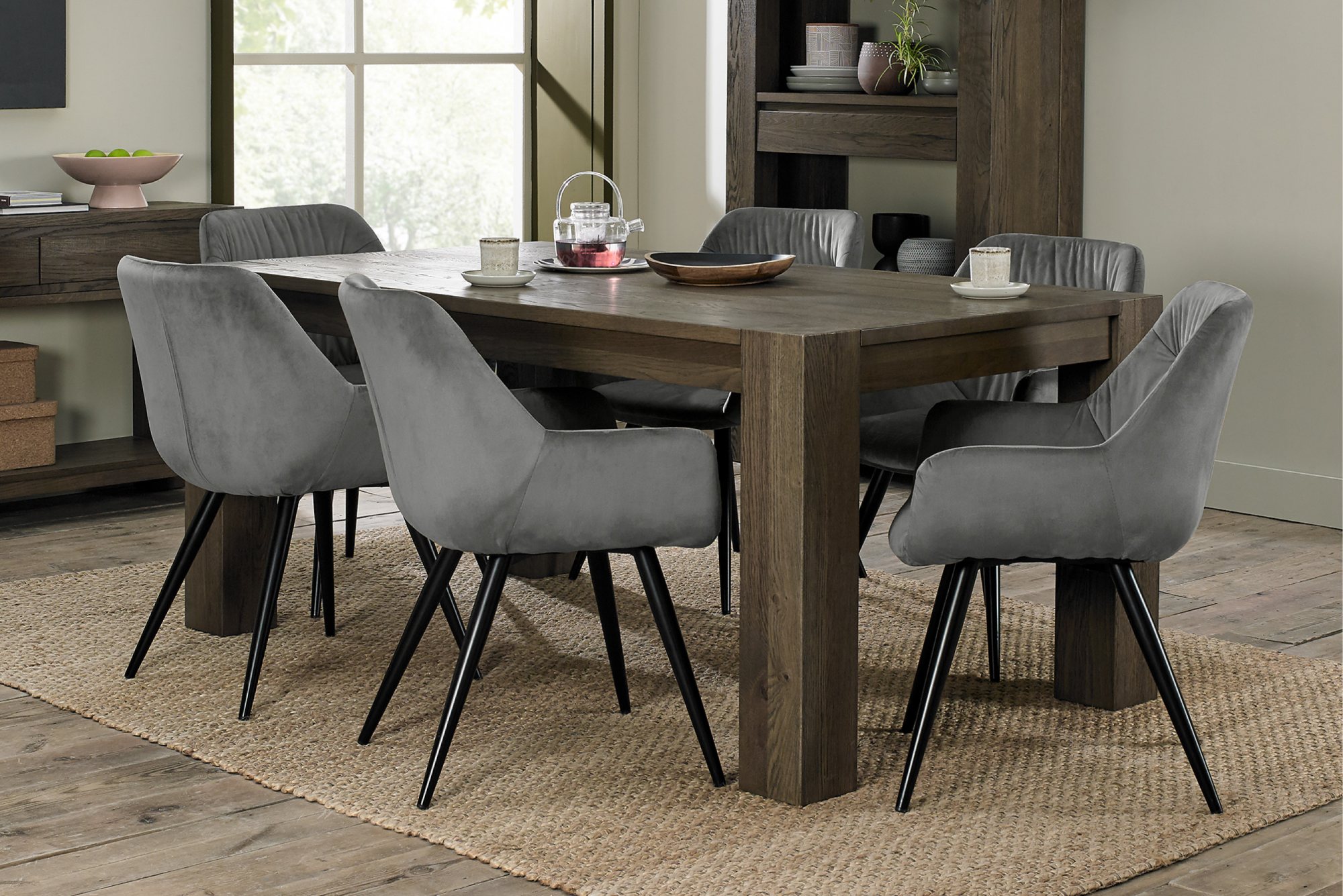 Home Origins Constable Fumed Oak 6 Seater Dining Set- 6 Dali Dining Chairs- Grey Velvet Fabric