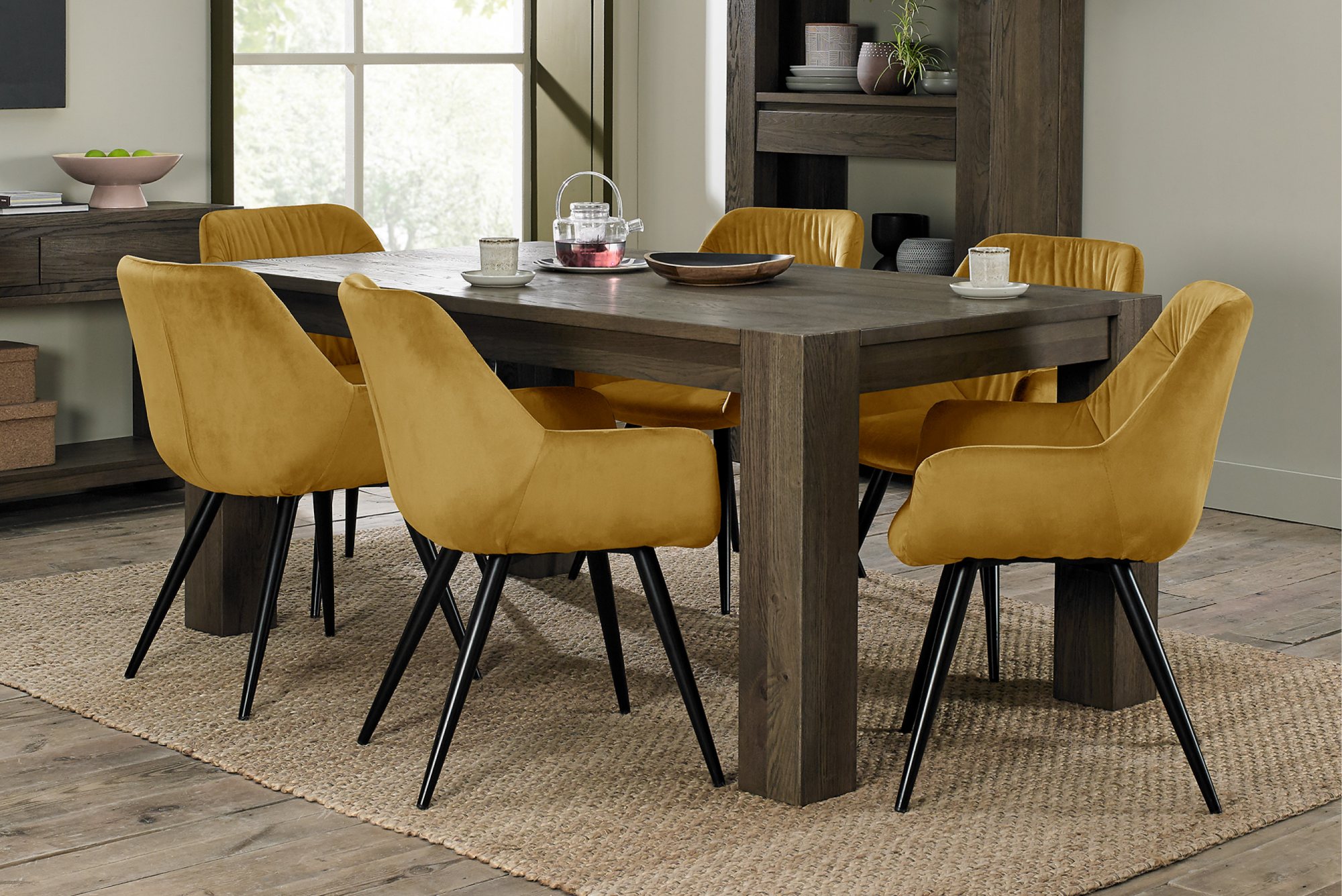 Home Origins Constable Fumed Oak 6 Seater Dining Set- 6 Dali Dining Chairs- Mustard Velvet Fabric