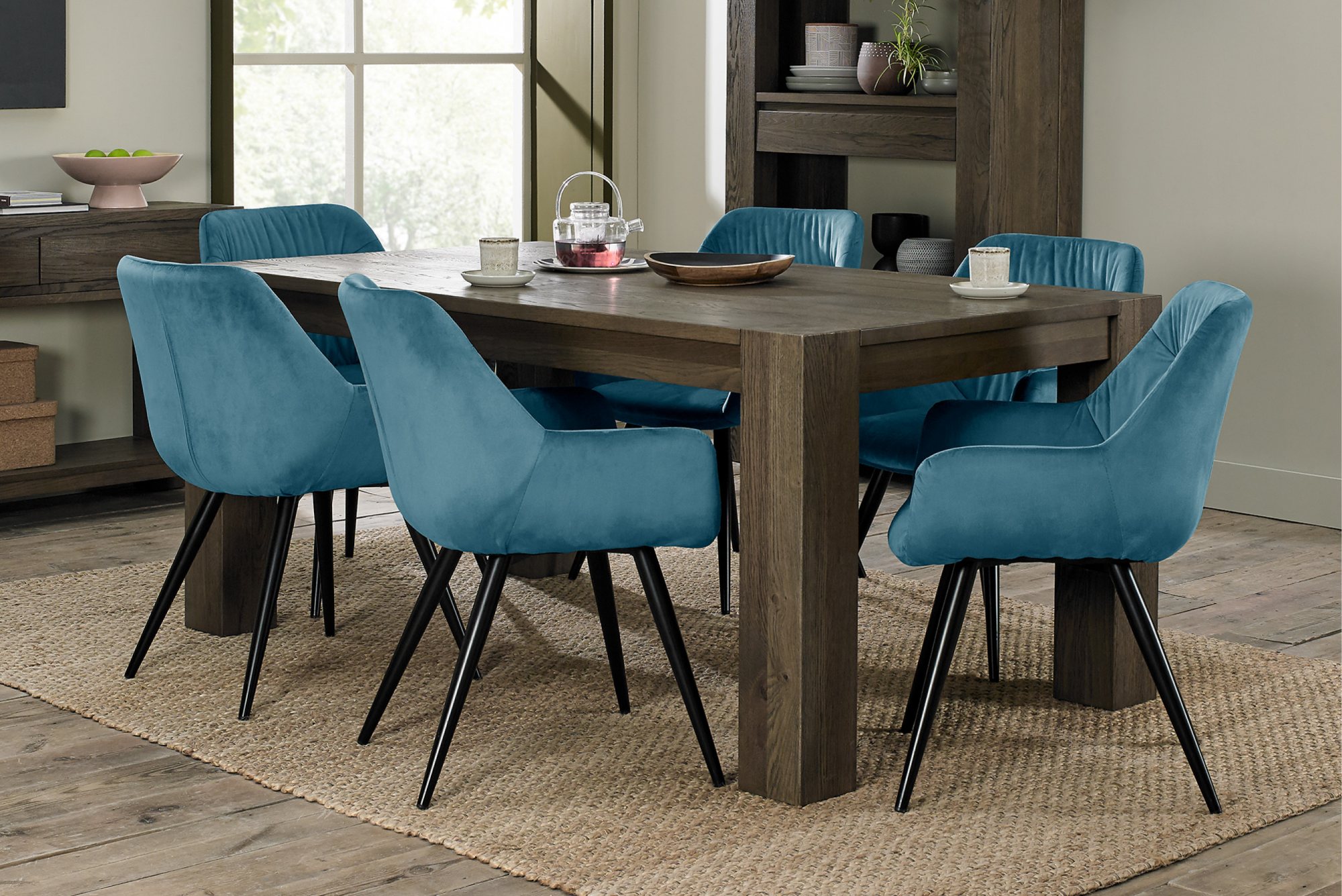 Home Origins Constable Fumed Oak 6 Seater Dining Set- 6 Dali Dining Chairs- Petrol Blue Velvet Fabric