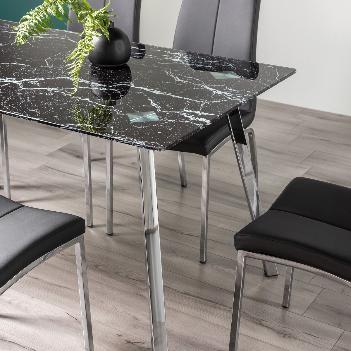 Emin Black Marble Effect Glass 6 Seater Dining Table