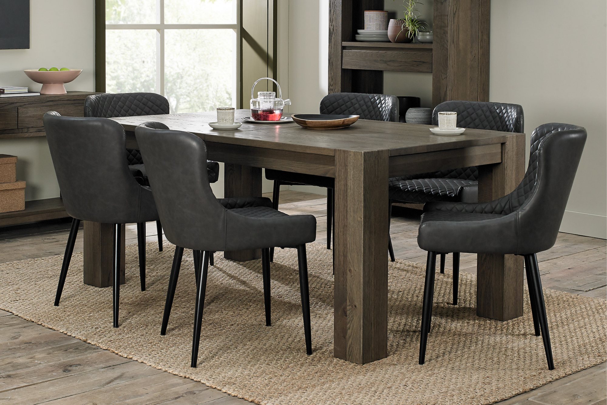 Home Origins Constable Fumed Oak 6-8 Seater Extending Dining Set- 6 Cezanne Dining Chairs- Dark Grey Faux Leather