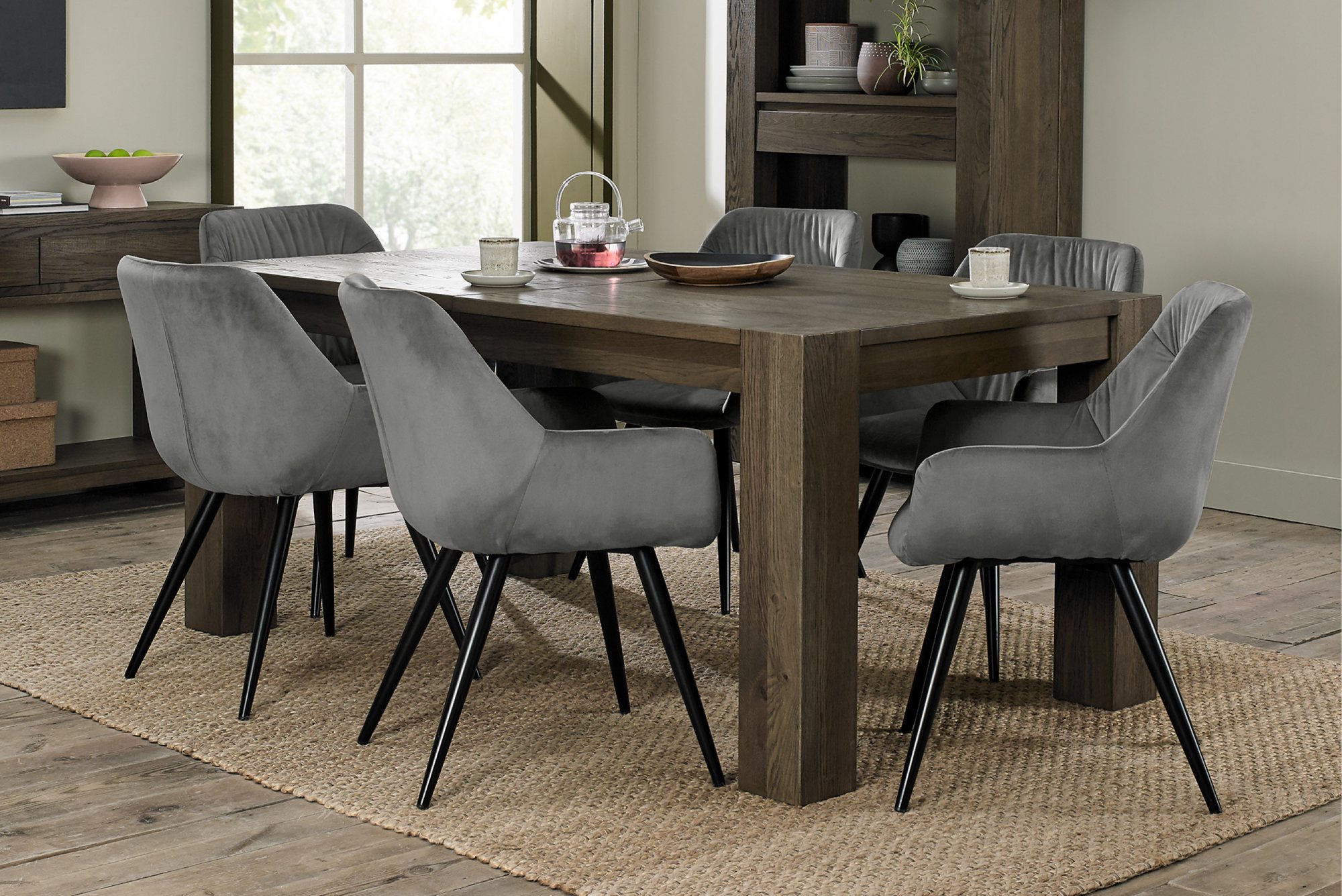 Home Origins Constable Fumed Oak 6-8 Seater Extending Dining Set- 6 Dali Dining Chairs- Grey Velvet Fabric