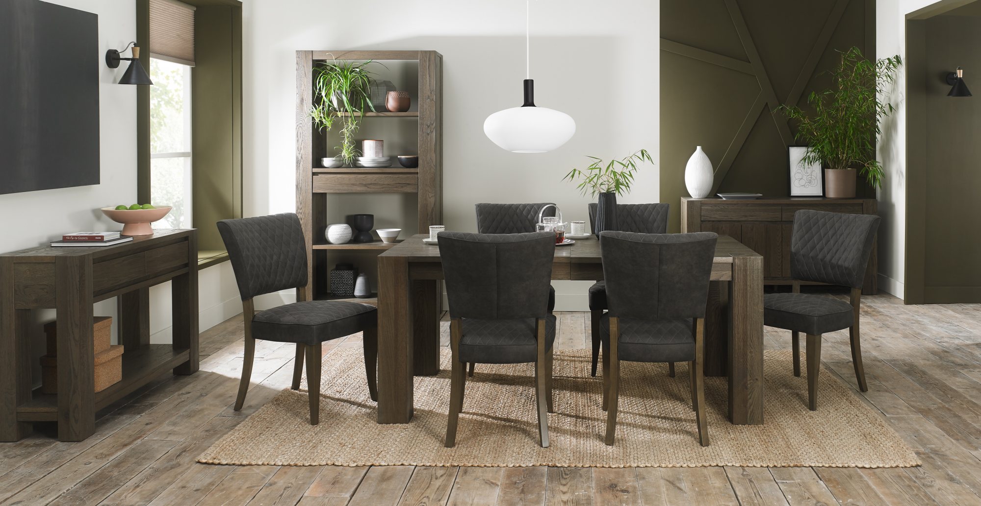 Home Origins Constable Fumed Oak Wide Sideboad - 6 - 8 Extending Dining Table and Constable Dark Grey Fabric