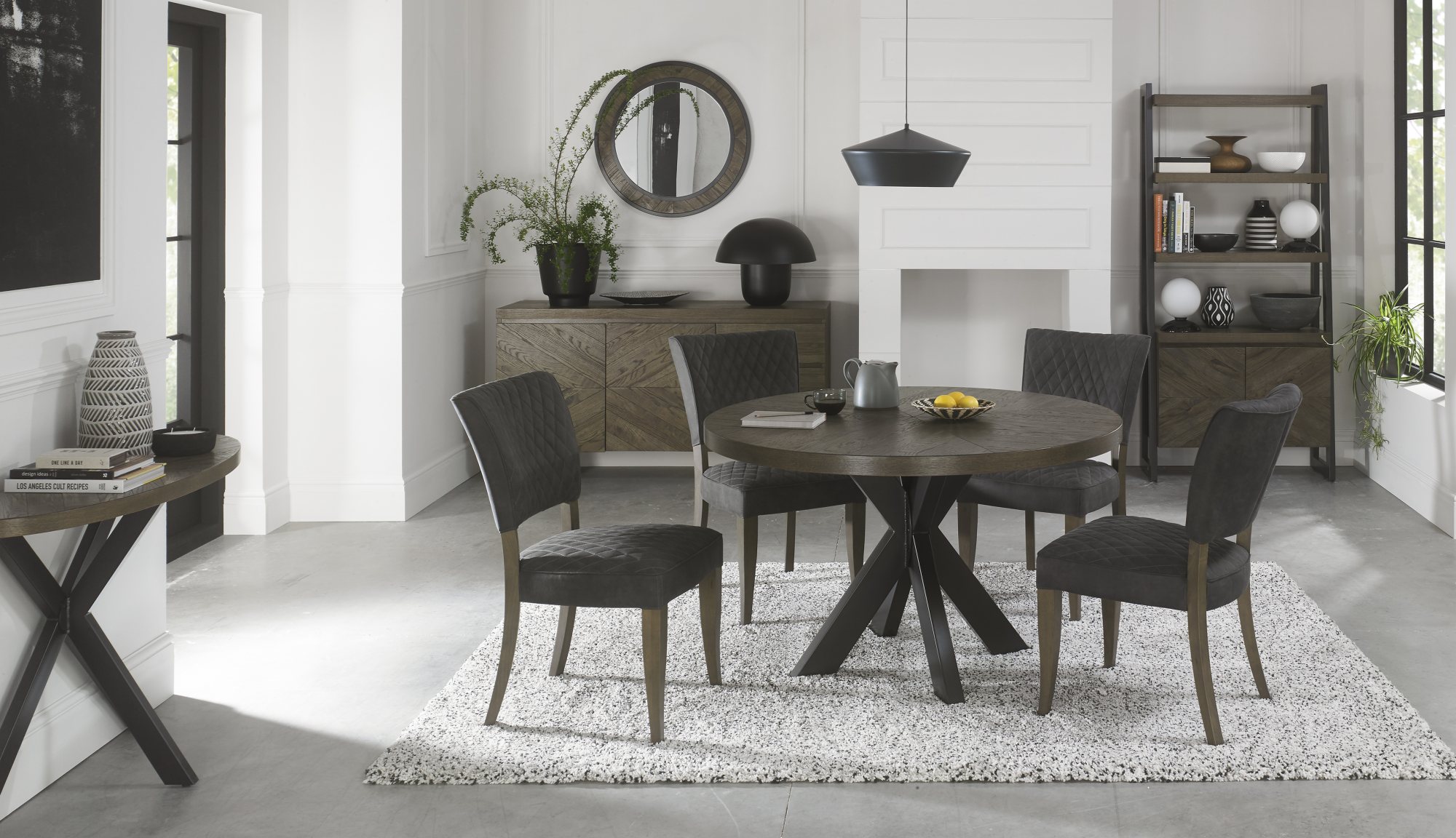 Home Origins Bosco Fumed Oak 4 Seat Circular Dining Table- Constable dark grey fabric