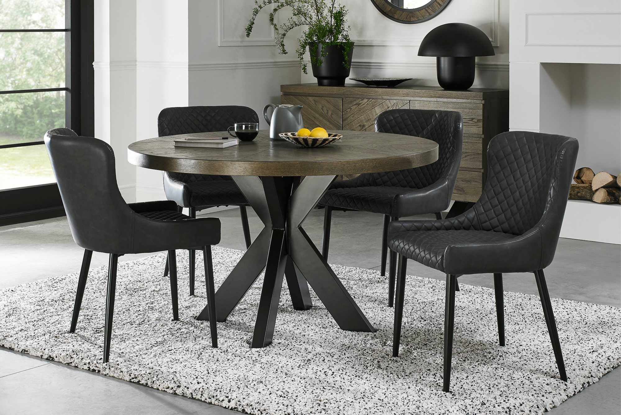 Home Origins Bosco fumed oak 4 seater dining table with 4 Cezanne chairs- dark grey faux leather fabric