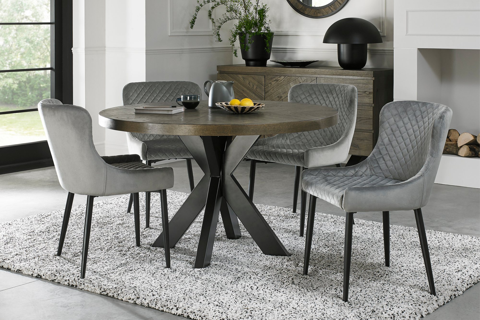Home Origins Bosco fumed oak 4 seater dining table with 4 Cezanne chairs- grey velvet fabric
