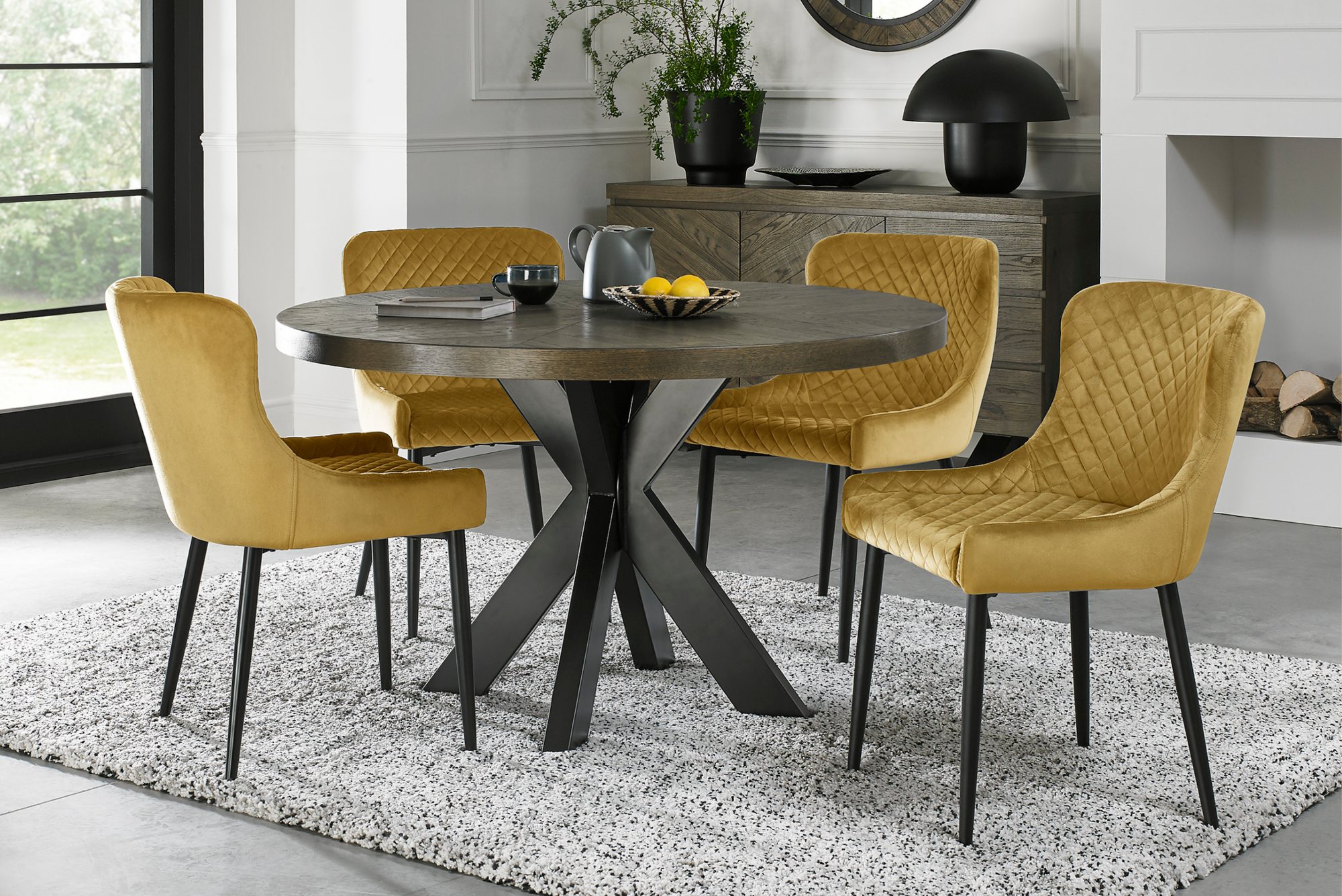 Home Origins Bosco fumed oak 4 seater dining table with 4 Cezanne chairs- mustard velvet fabric
