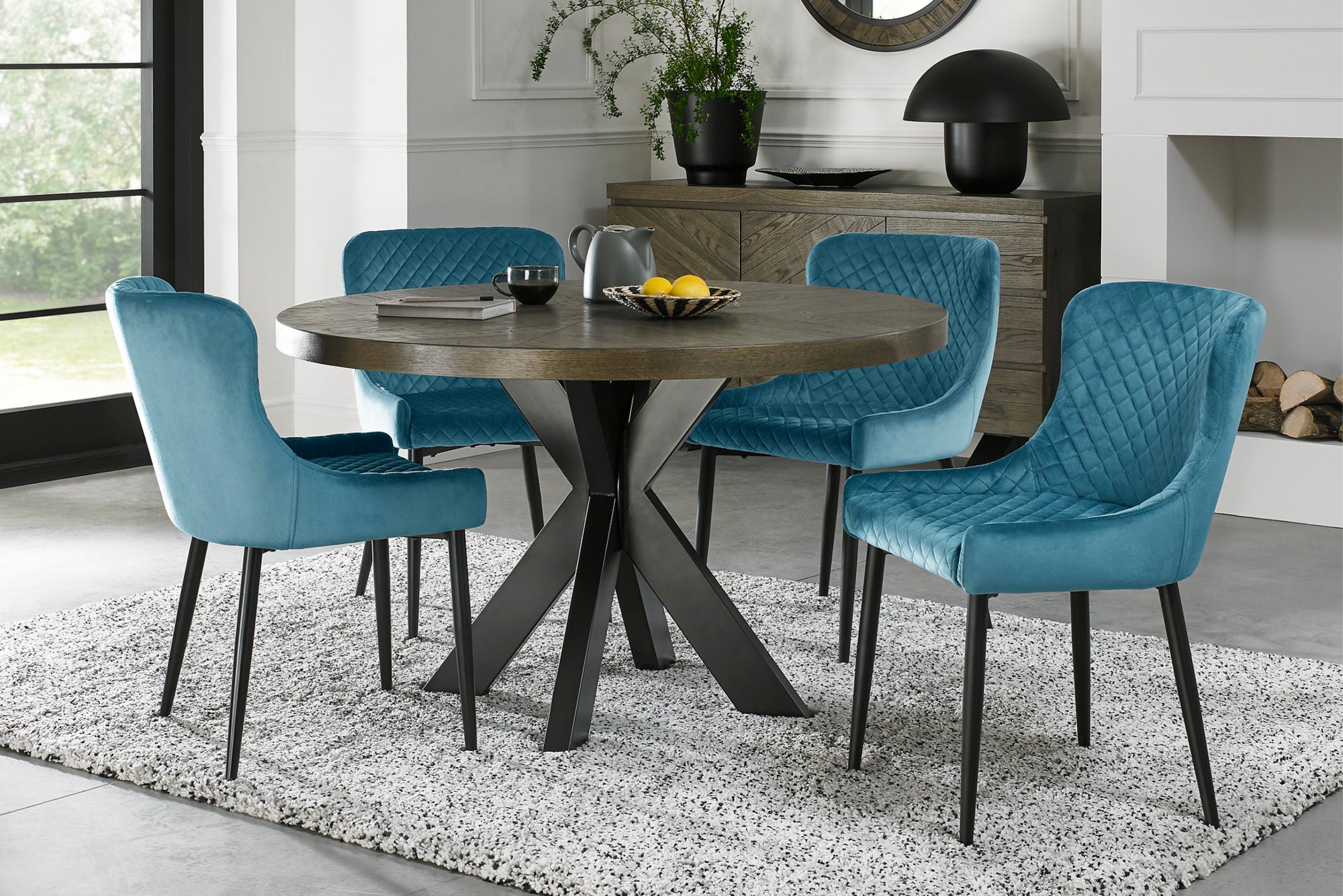 Home Origins Bosco fumed oak 4 seater dining table with 4 Cezanne chairs- petrol blue velvet fabric