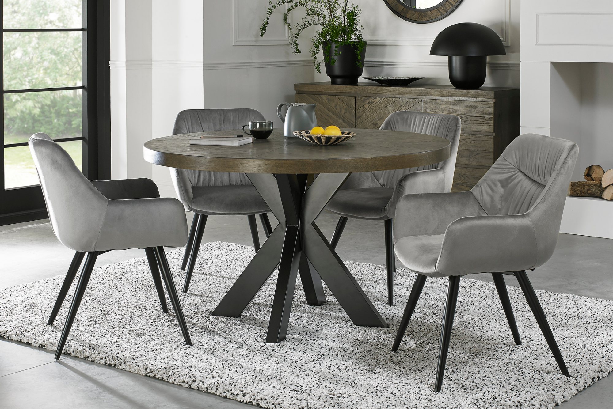 Home Origins Bosco fumed oak 4 seater dining table with 4 Dali chairs- grey velvet fabric