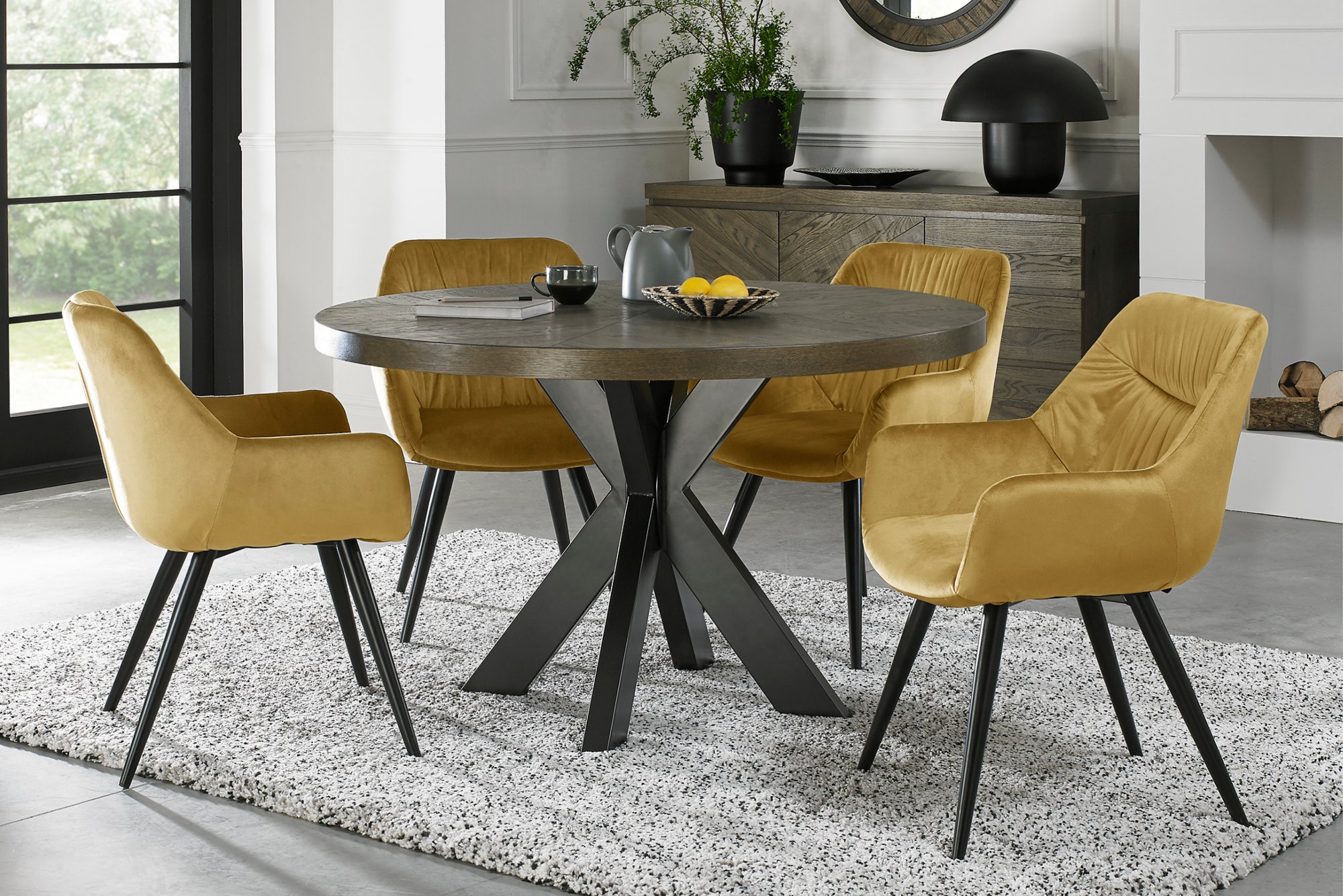 Home Origins Bosco fumed oak 4 seater dining table with 4 Dali chairs- mustard velvet fabric