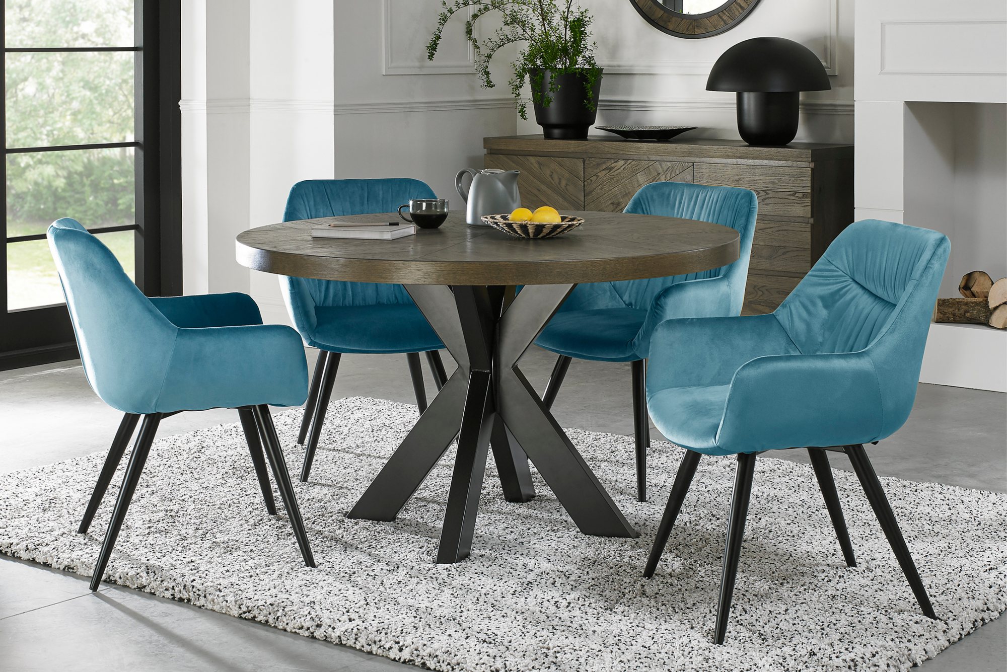Home Origins Bosco fumed oak 4 seater dining table with 4 Dali chairs- petrol blue velvet fabric