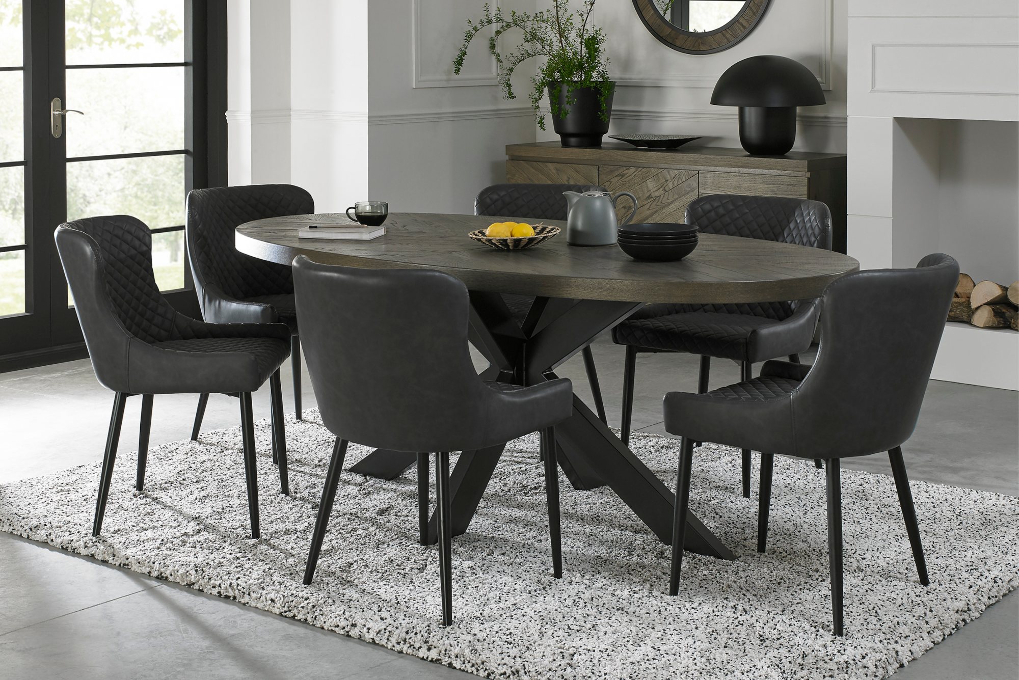 Home Origins Bosco fumed oak 6 seater dining table with 6 Cezanne chairs- dark grey faux leather