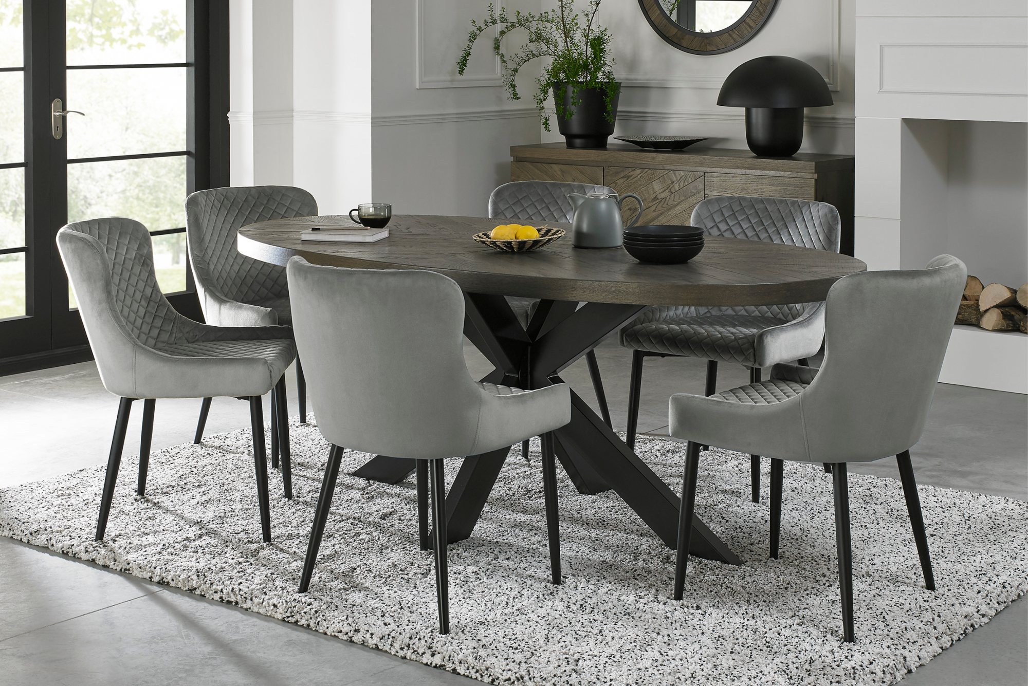 Home Origins Bosco fumed oak 6 seater dining table with 6 Cezanne chairs- grey velvet fabric