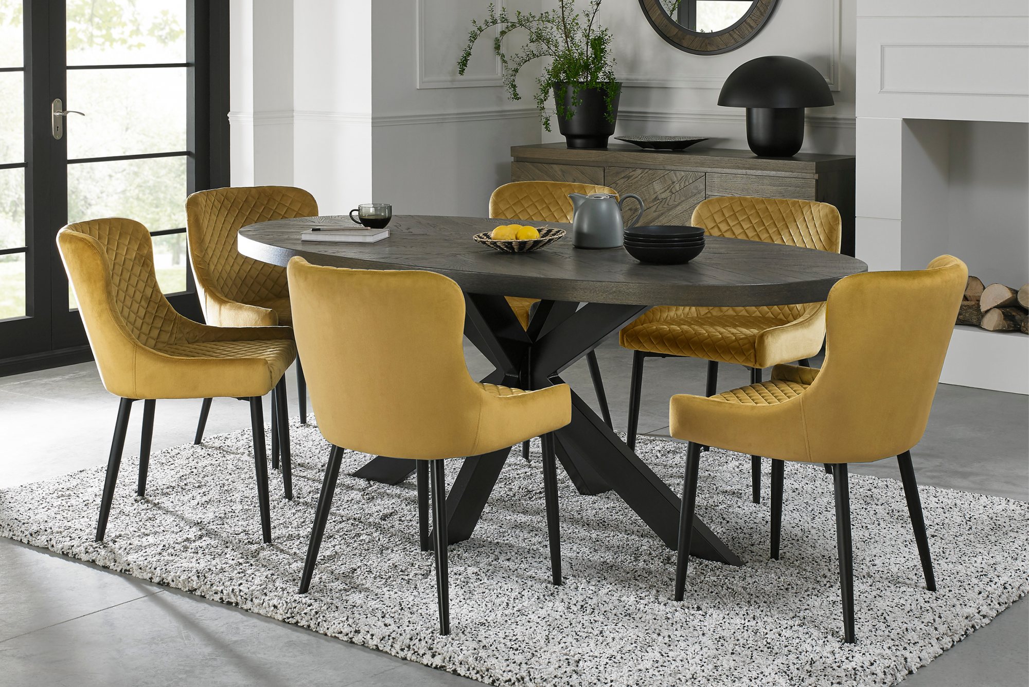 Home Origins Bosco fumed oak 6 seater dining table with 6 Cezanne chairs- mustard velvet fabric