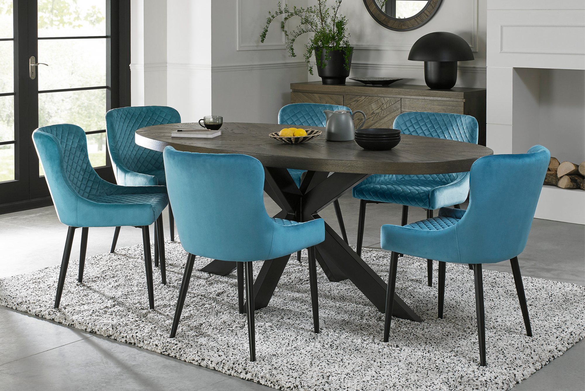 Home Origins Bosco fumed oak 6 seater dining table with 6 Cezanne chairs- petrol blue velvet fabric