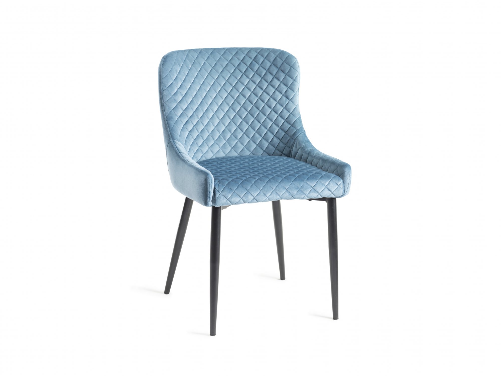 Home Origins Cezanne upholstered dining chair with sand black powder coated legs- petrol blue velvet fabric- front angle s