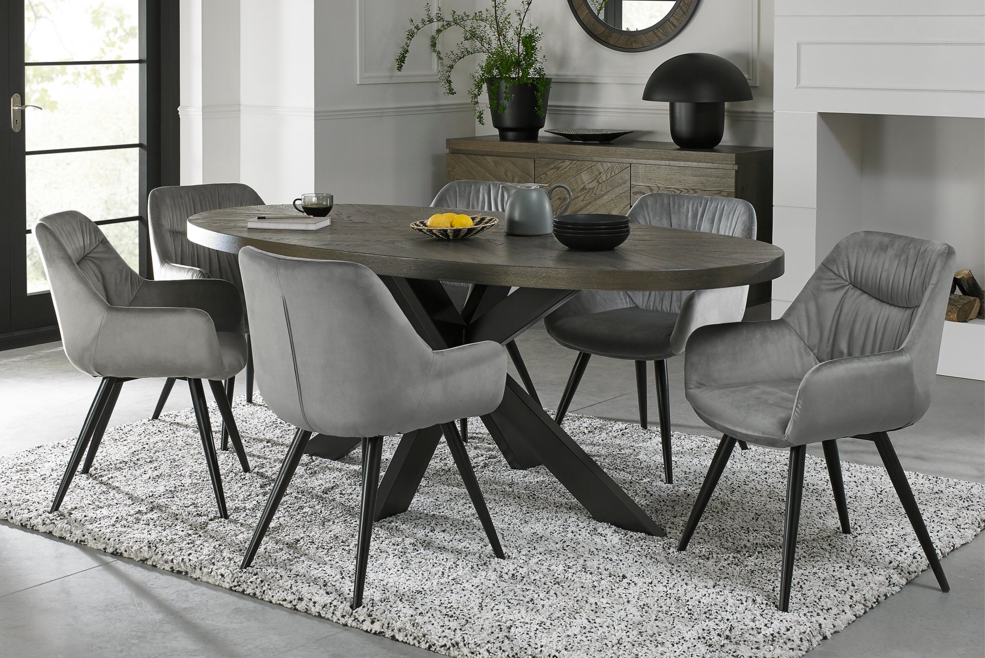 Home Origins Bosco fumed oak 6 seater dining table with 6 Dali chairs- grey velvet fabric