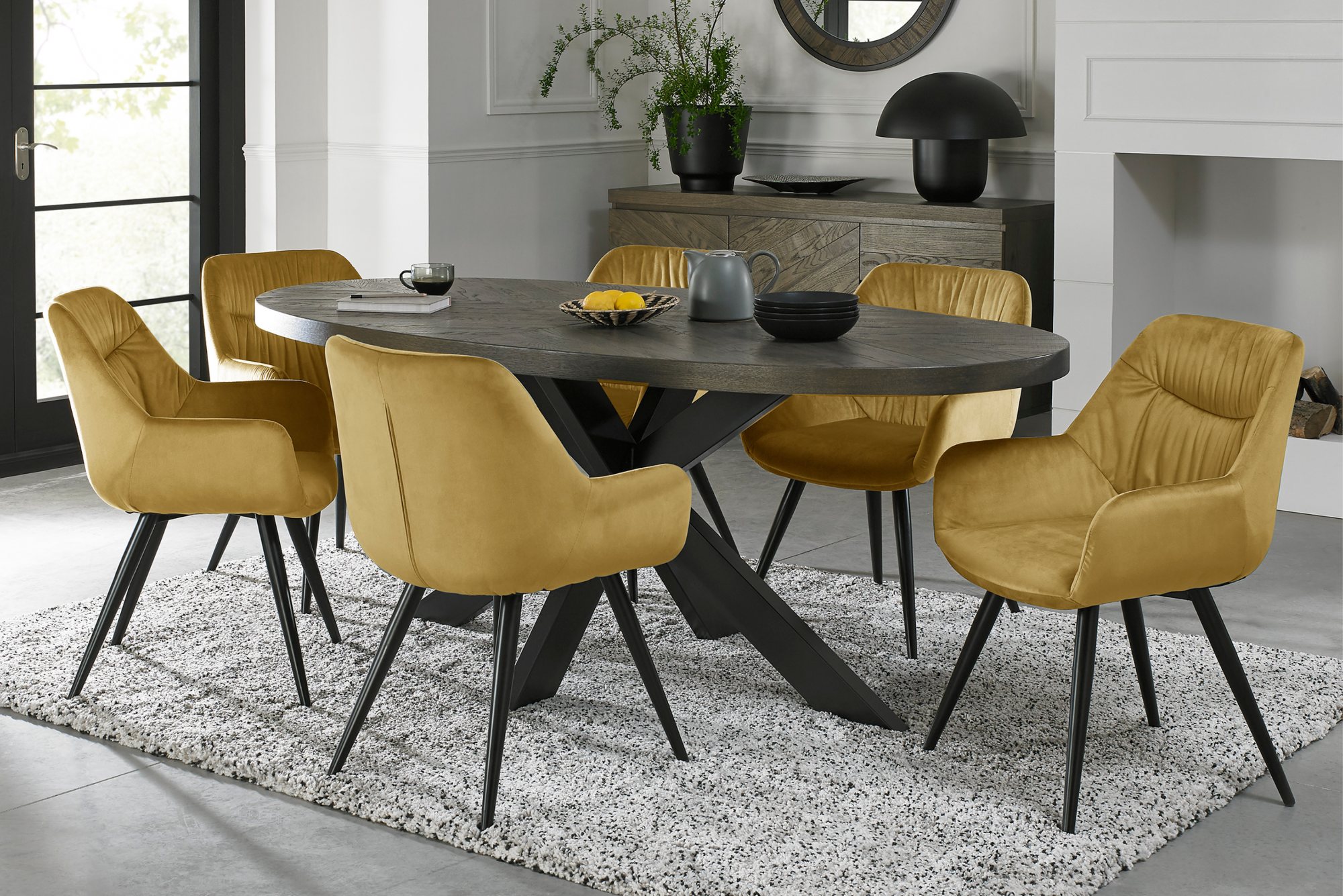 Home Origins Bosco fumed oak 6 seater dining table with 6 Dali chairs- mustard velvet fabric