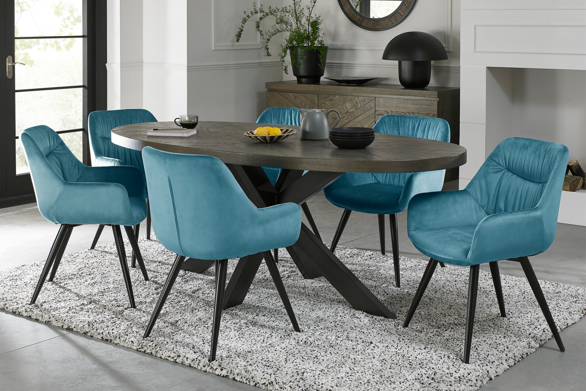 Home Origins Bosco fumed oak 6 seater dining table with 6 Dali chairs- petrol blue velvet fabric