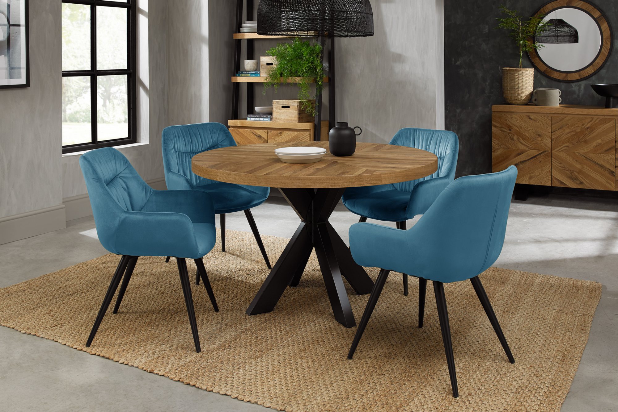 Home Origins Bosco Rustic Oak 4 Seat Circular Dining Table- dali petrol blue velvet