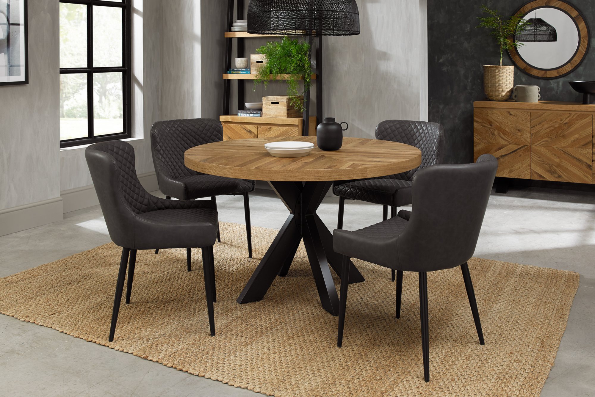 Home Origins Bosco Rustic Oak 4 seater dining table with 4 Cezanne chairs- dark grey faux leather fabric