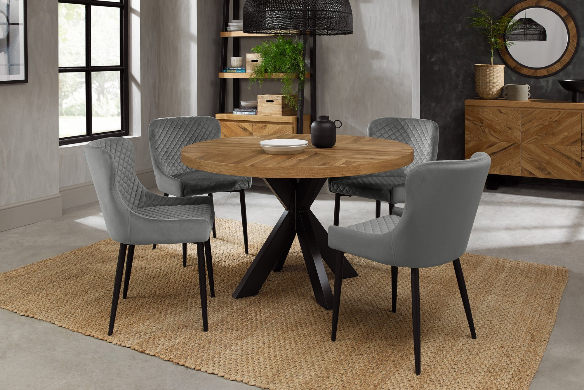 Home Origins Bosco Rustic Oak 4 seater dining table with 4 Cezanne chairs- grey velvet fabric