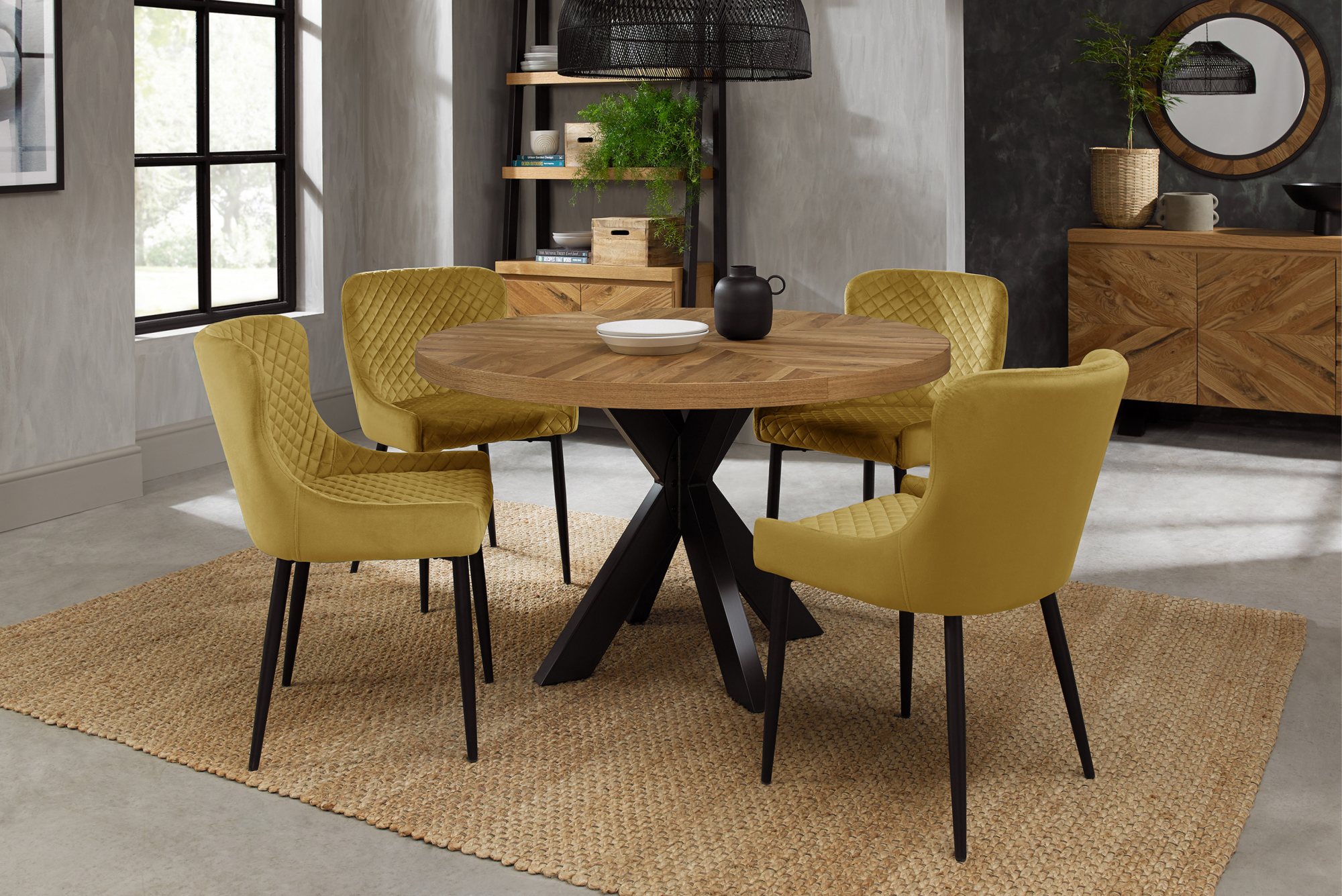 Home Origins Bosco Rustic Oak 4 seater dining table with 4 Cezanne chairs- mustard velvet fabric