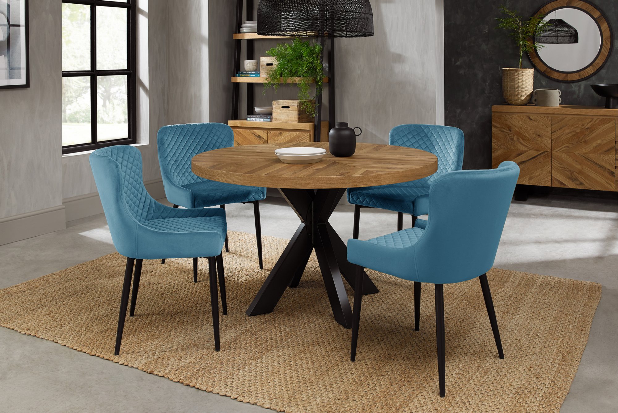 Home Origins Bosco Rustic Oak 4 seater dining table with 4 Cezanne chairs- petrol blue velvet fabric