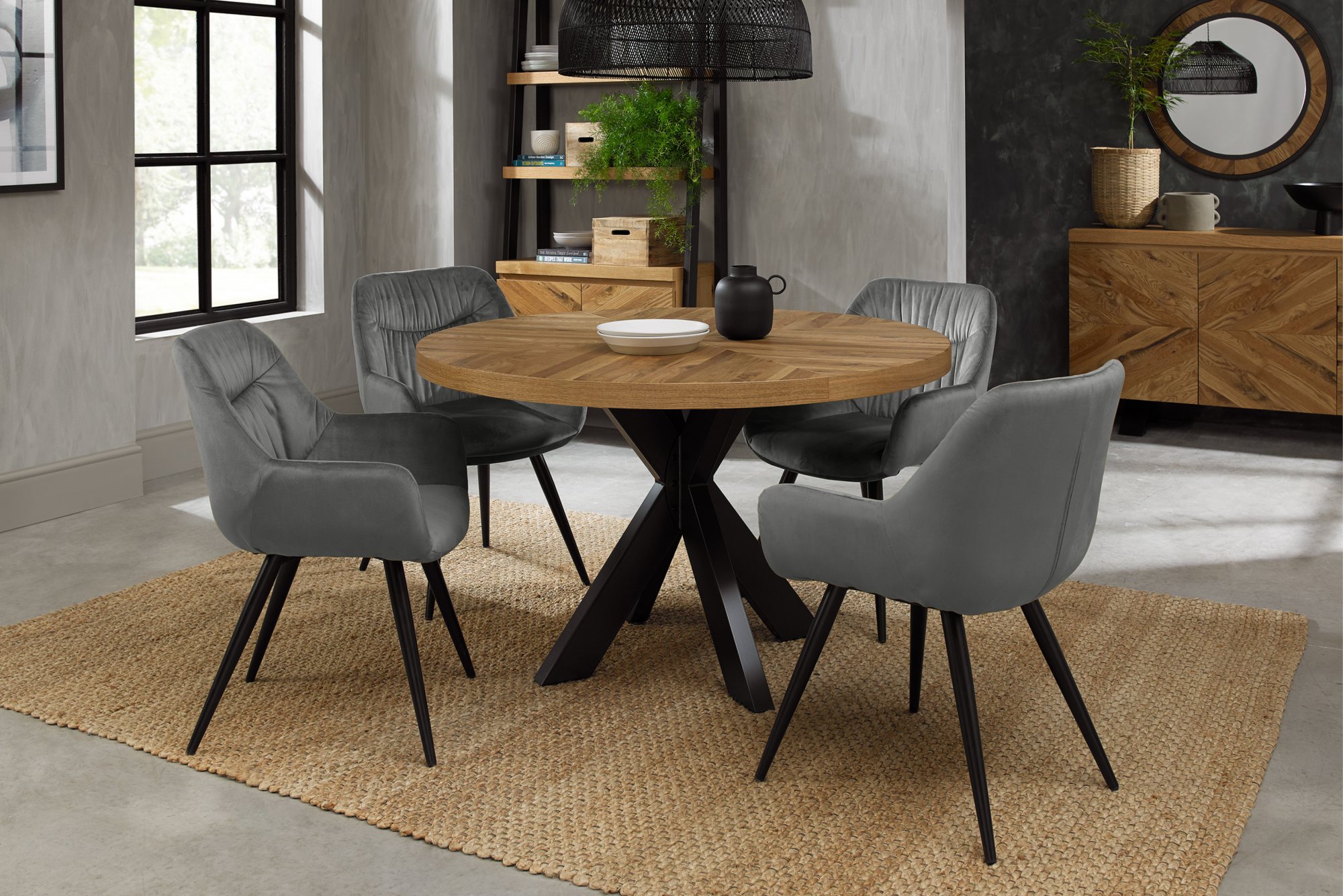 Home Origins Bosco Rustic Oak 4 seater dining table with 4 Dali chairs- grey velvet fabric