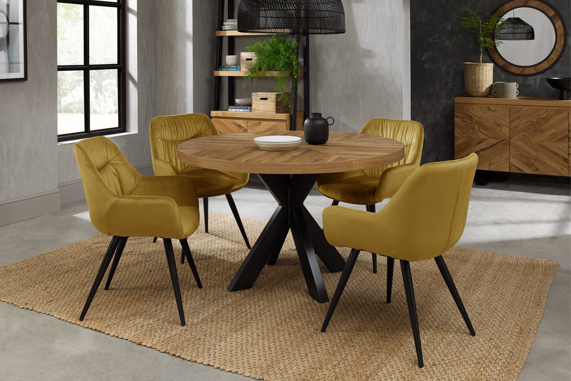 Home Origins Bosco Rustic Oak 4 seater dining table with 4 Dali chairs- mustard velvet fabric