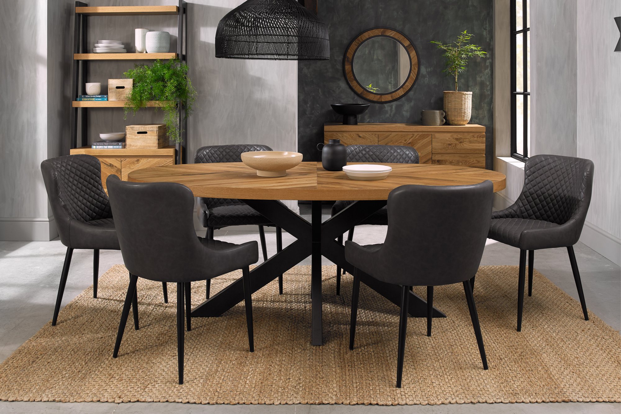 Home Origins Bosco Rustic Oak 6 seater dining table with 6 Cezanne chairs- dark grey faux leather