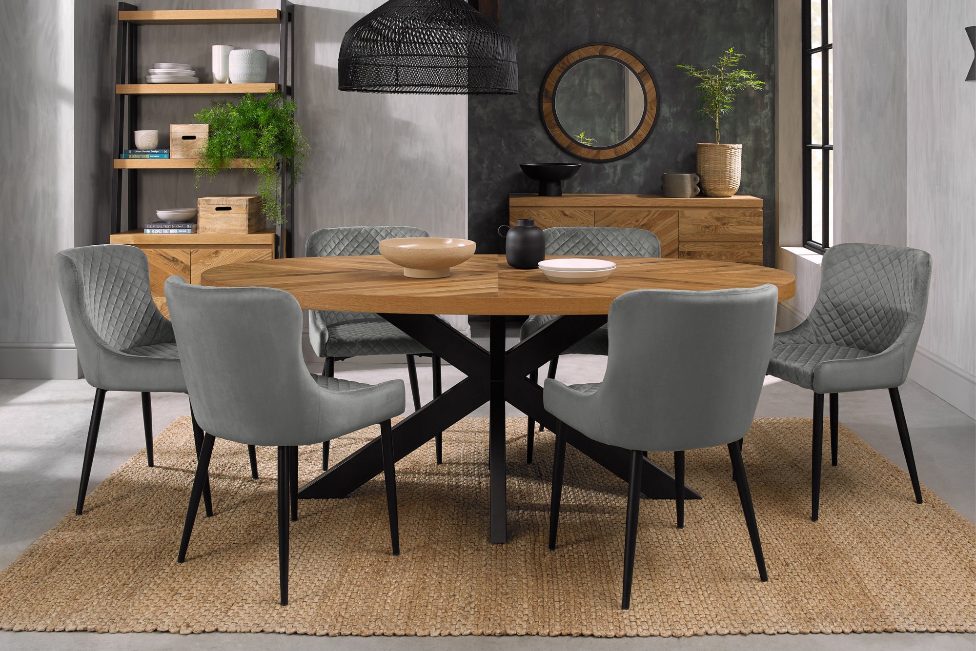 Home Origins Bosco Rustic Oak 6 seater dining table with 6 Cezanne chairs- grey velvet fabric