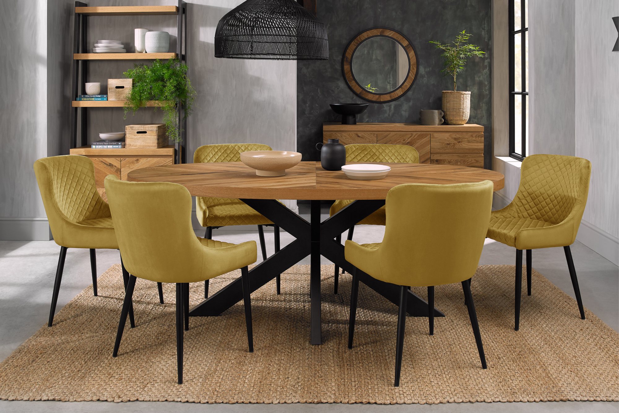 Home Origins Bosco Rustic Oak 6 seater dining table with 6 Cezanne chairs- mustard velvet fabric