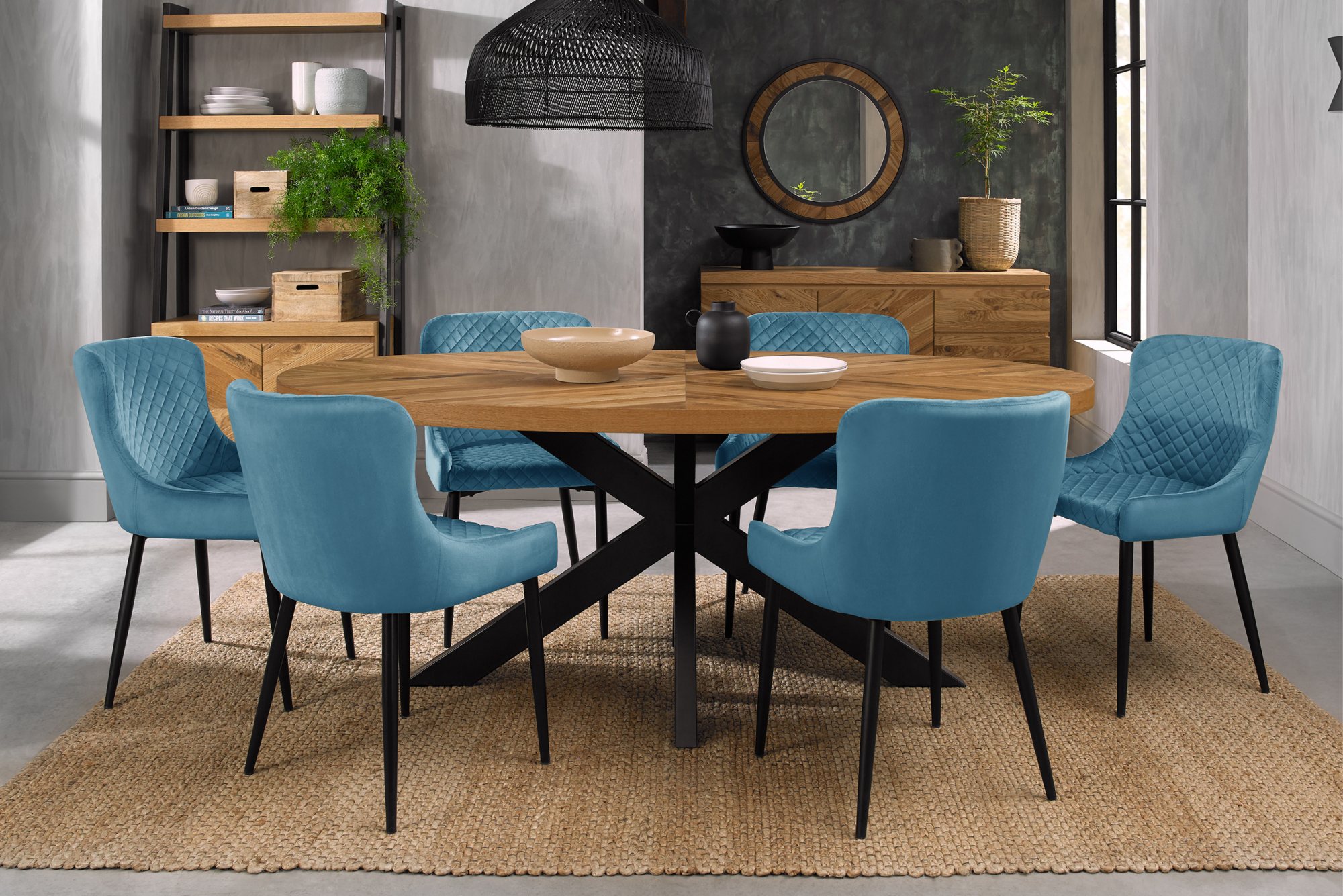 Home Origins Bosco Rustic Oak 6 seater dining table with 6 Cezanne chairs- petrol blue velvet fabric
