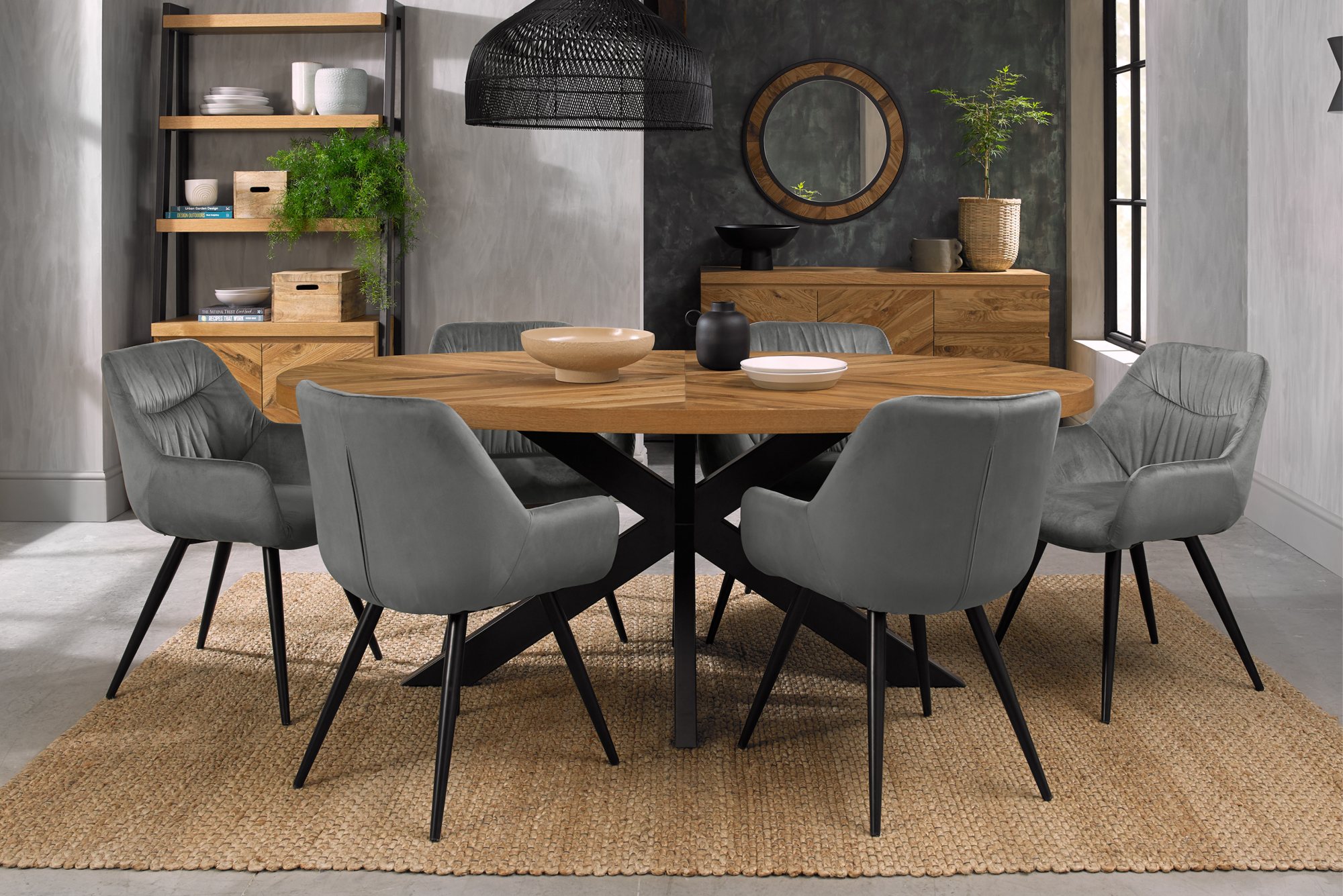 Home Origins Bosco Rustic Oak 6 seater dining table with 6 Dali chairs- grey velvet fabric