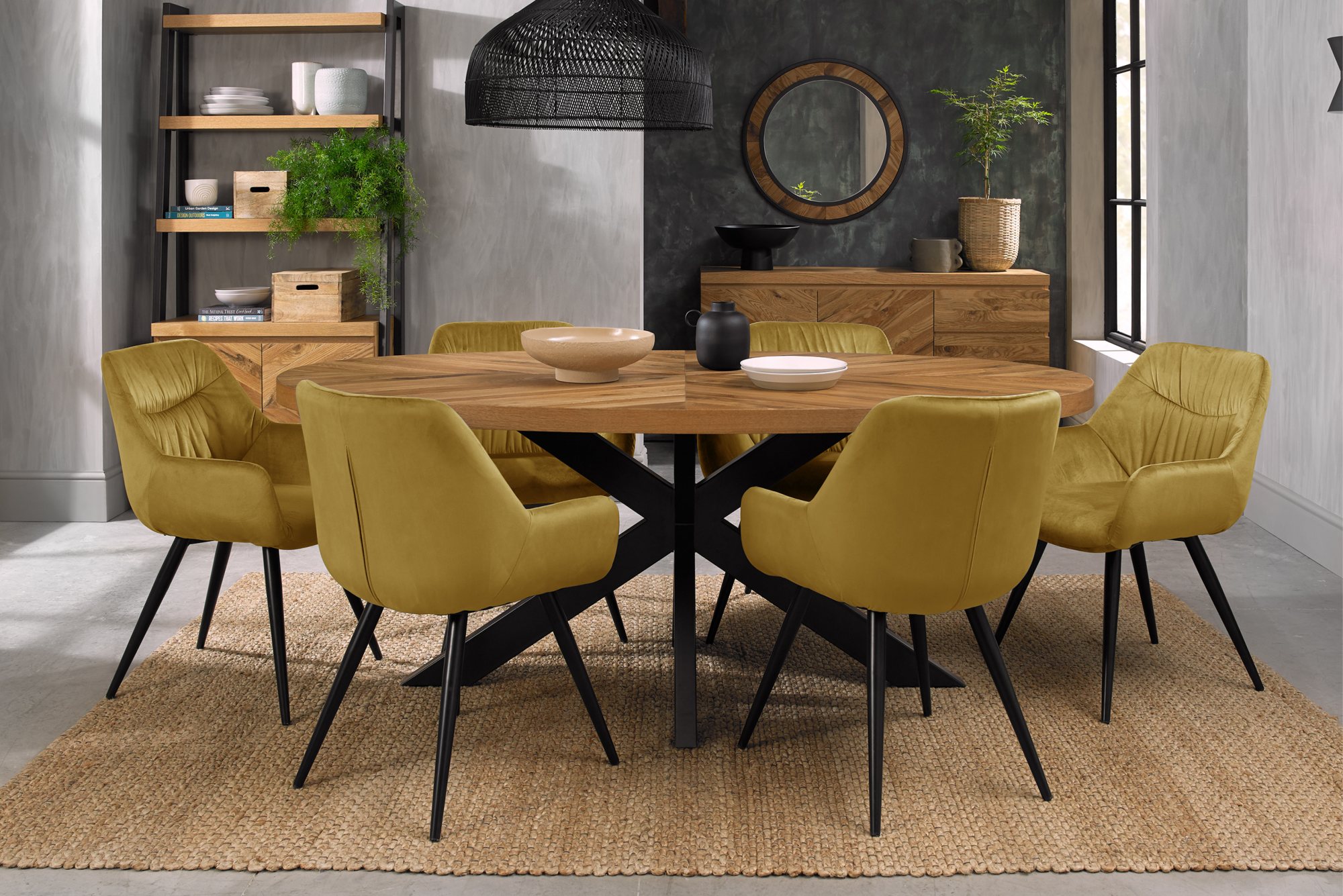 Home Origins Bosco Rustic Oak 6 seater dining table with 6 Dali chairs- mustard velvet fabric